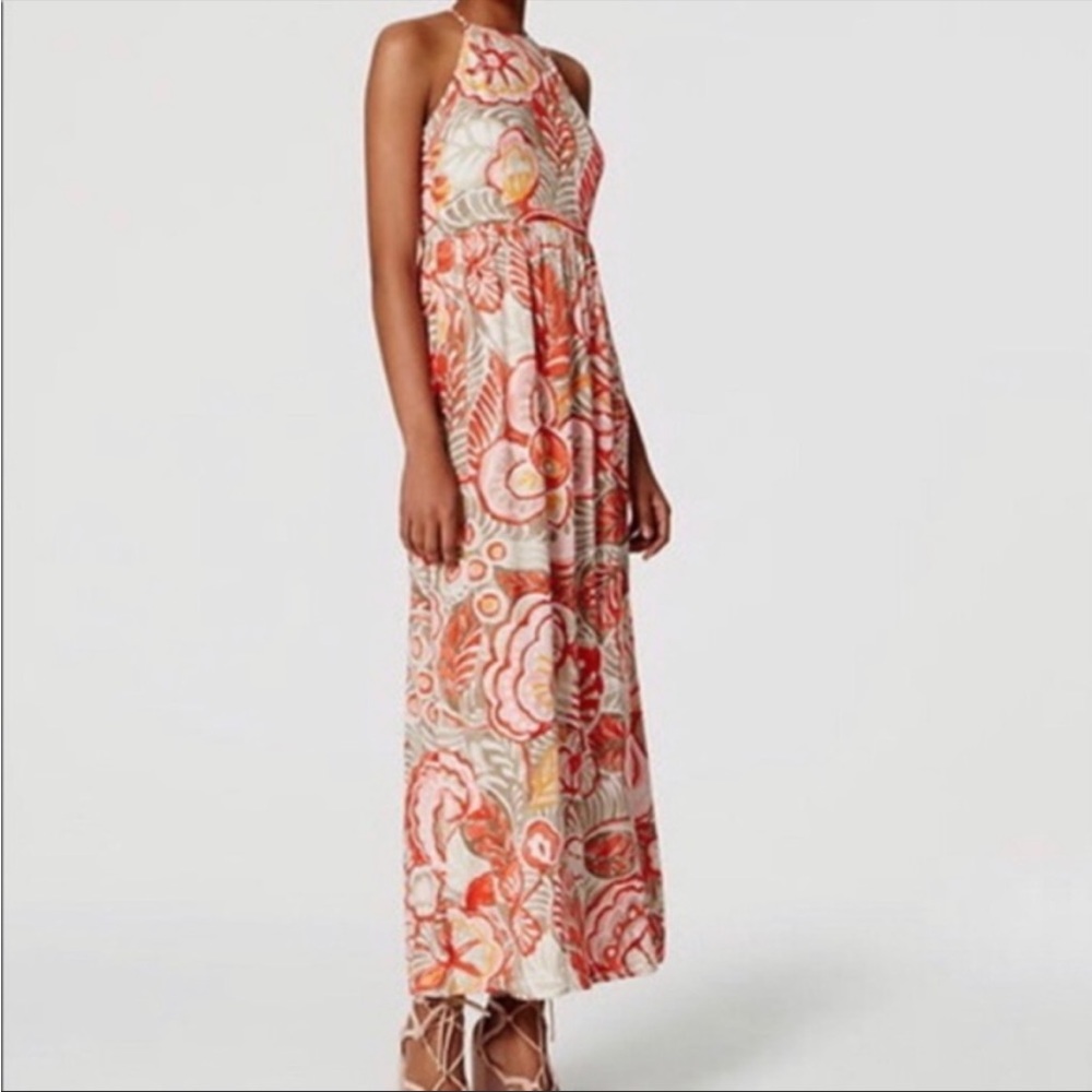 LOFT Verona Orange Tropical Floral Halter Maxi Dress